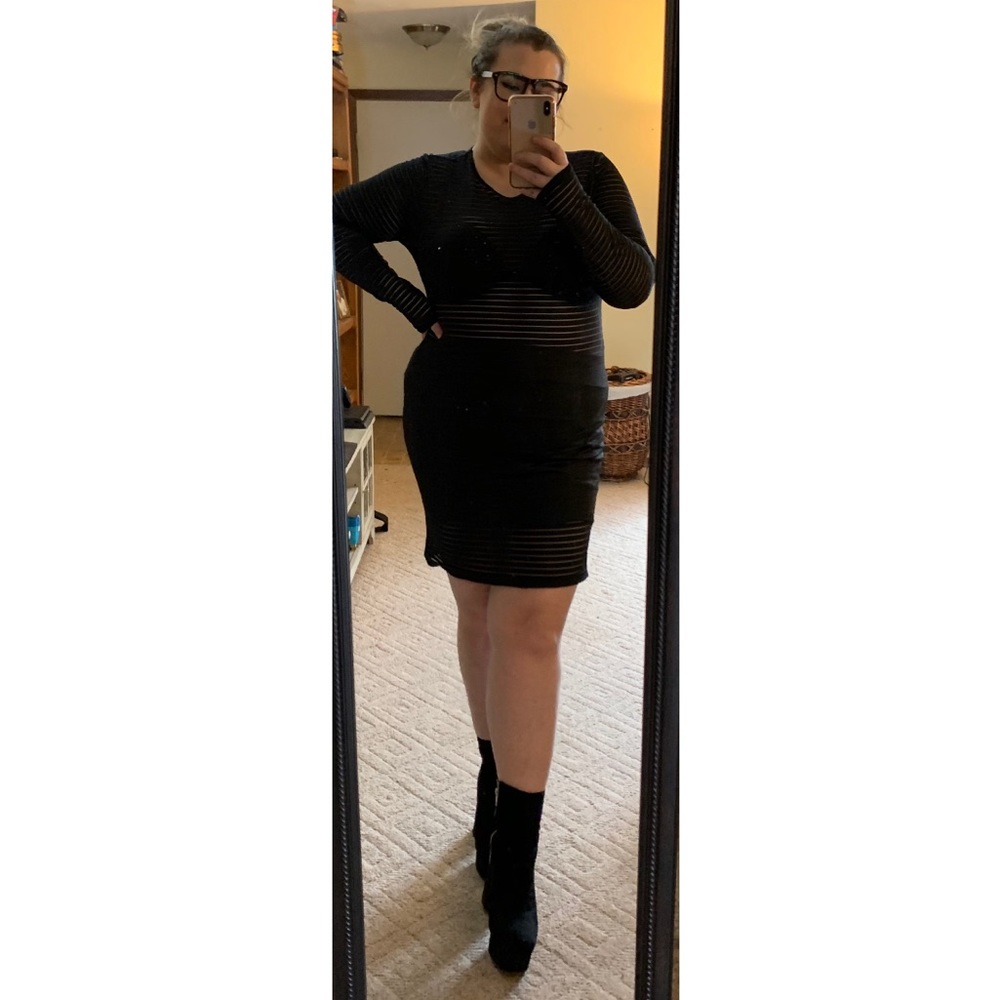 Black Stripe Mesh Overlay Dress